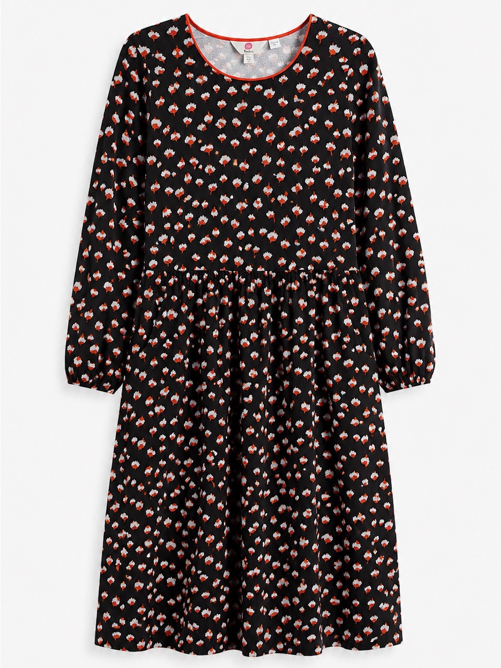BODEN Black Dress with Red & blue Print SIZE 14 long  pure cotton pockets